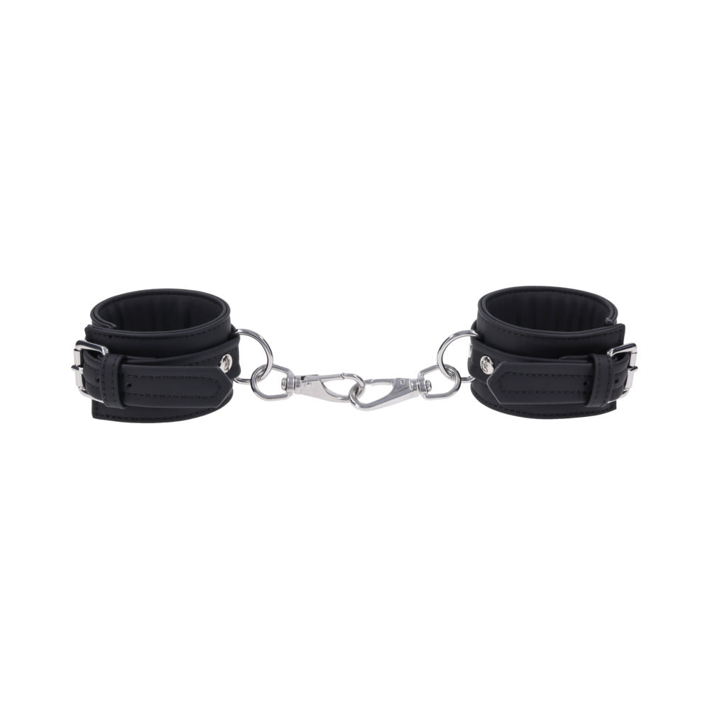 Sportsheets Signature Midnight Muse Handcuffs in black silicone with silver hardware for sophisticated restraint play.