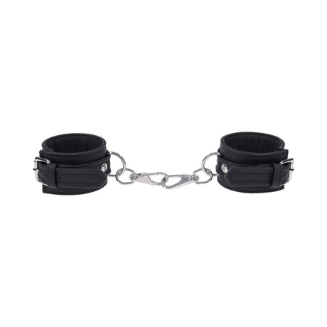Sportsheets Signature Midnight Muse Handcuffs in black silicone with silver hardware for sophisticated restraint play.