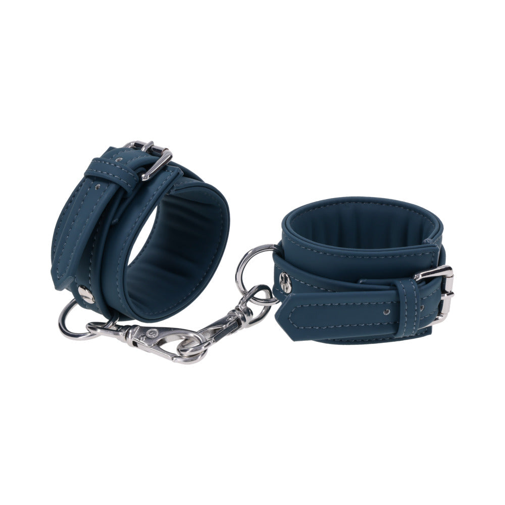 Sportsheets Signature Twilight Tease Handcuffs in soft silicone with silver hardware for luxurious restraint.