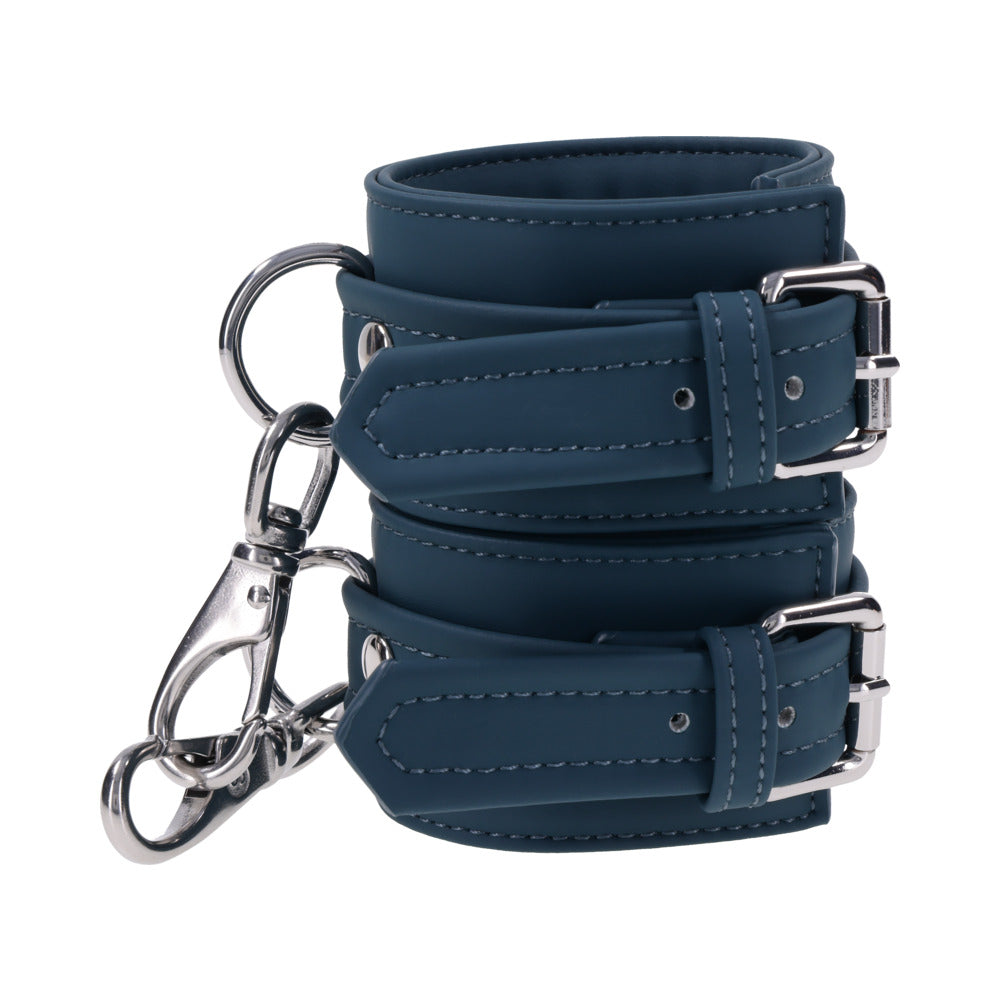 Sportsheets Signature Twilight Tease Handcuffs in blue silicone with silver hardware for stylish restraint.