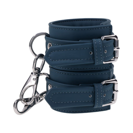 Sportsheets Signature Twilight Tease Handcuffs in blue silicone with silver hardware for stylish restraint.