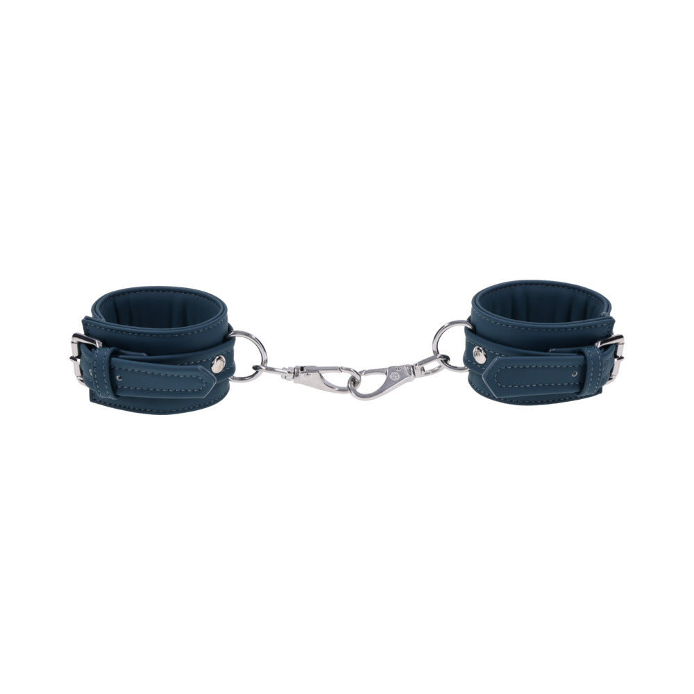 Sportsheets Signature Twilight Tease Handcuffs featuring sleek silver hardware and soft silicone for comfortable restraint.