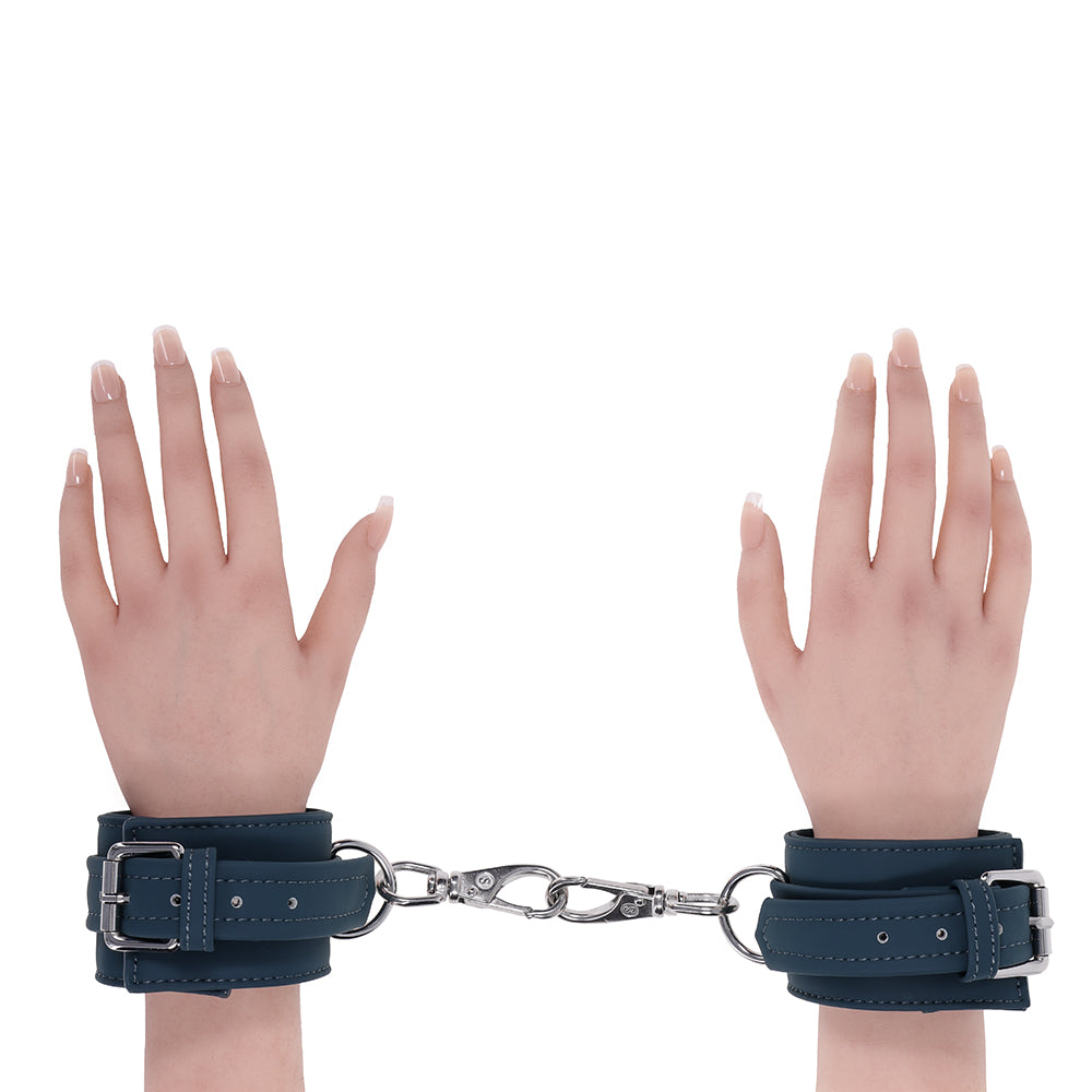 Sportsheets Signature Twilight Tease Handcuffs with sleek design and silver hardware, showcasing comfort and style.