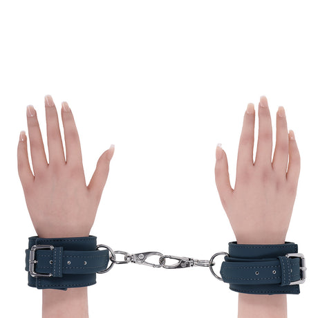 Sportsheets Signature Twilight Tease Handcuffs with sleek design and silver hardware, showcasing comfort and style.