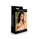 Sportsheets Signature Dawn Dream Handcuffs packaging featuring a model showcasing the cuffs' stylish design.