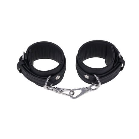 Sportsheets Signature Midnight Muse Ankle Cuffs featuring soft silicone and sleek silver-tone hardware for stylish restraint play.