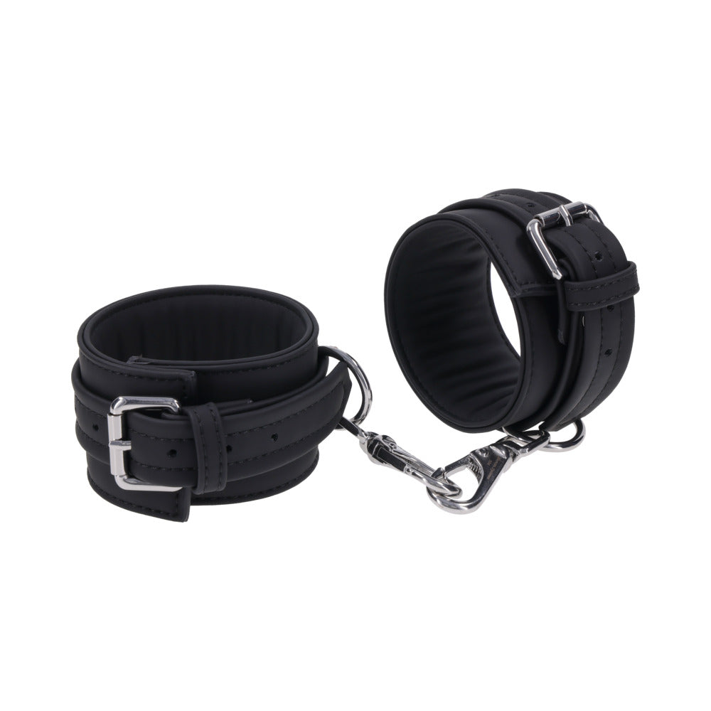 Sportsheets Signature Midnight Muse Ankle Cuffs featuring soft silicone and silver-tone hardware for stylish restraint play.