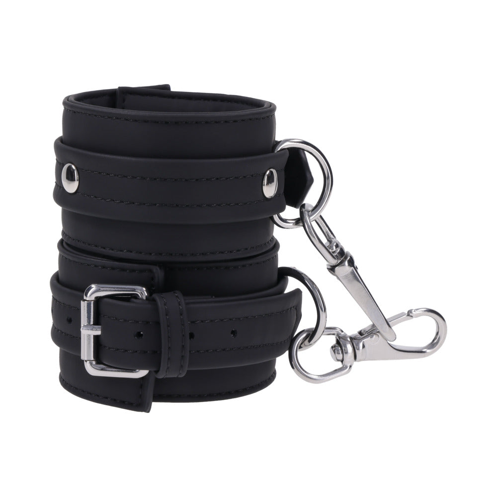 Sportsheets Signature Midnight Muse Ankle Cuffs featuring sleek black silicone and silver-tone hardware.