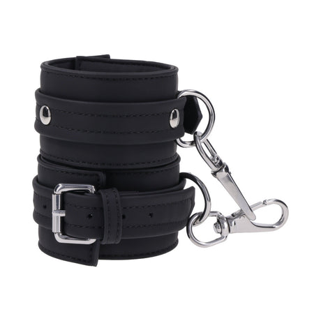 Sportsheets Signature Midnight Muse Ankle Cuffs featuring sleek black silicone and silver-tone hardware.