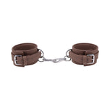 Sportsheets Signature Dawn Dream Ankle Cuffs in brown silicone with silver hardware for comfortable restraint play.