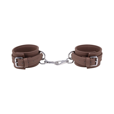 Sportsheets Signature Dawn Dream Ankle Cuffs in brown silicone with silver hardware for comfortable restraint play.