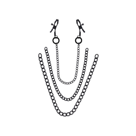 Sportsheets Signature Midnight Muse Nipple Jewelry with black metal adjustable clamps and three detachable chains.