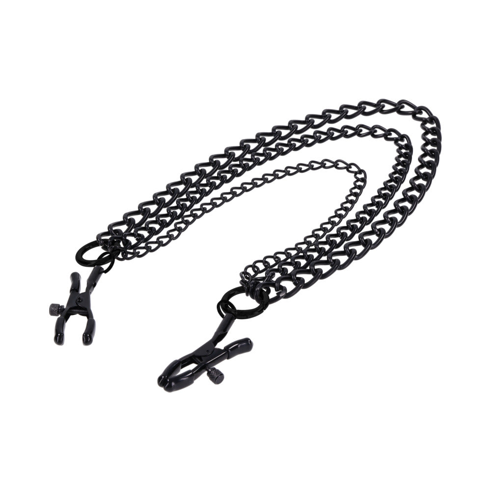 Sportsheets Signature Midnight Muse Nipple Jewelry featuring adjustable clamps and detachable chains in black metal.