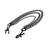 Sportsheets Signature Midnight Muse Nipple Jewelry featuring adjustable clamps and detachable chains in black metal.