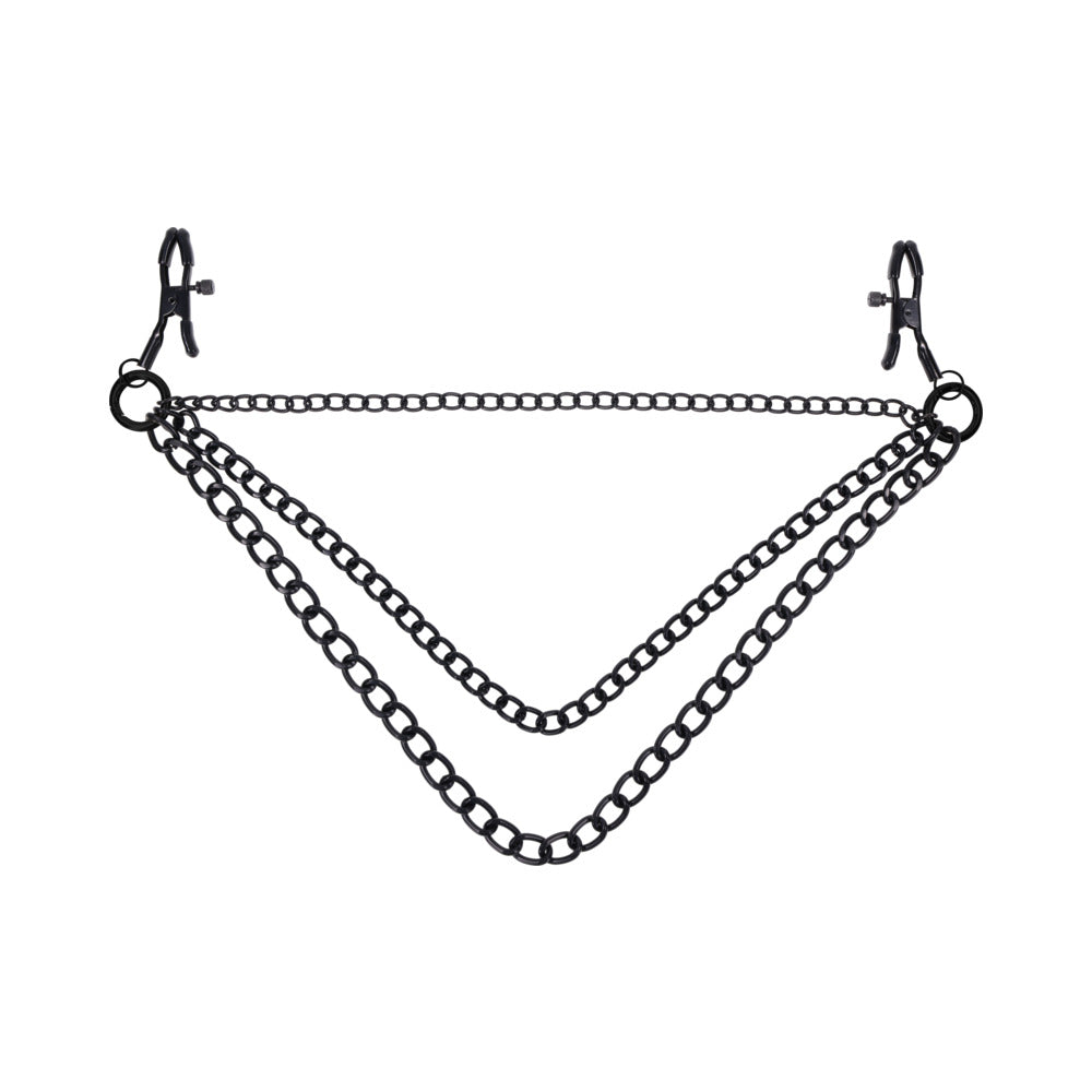 Sportsheets Signature Midnight Muse Nipple Jewelry featuring adjustable clamps and detachable chains in black metal.