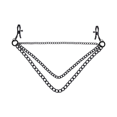 Sportsheets Signature Midnight Muse Nipple Jewelry featuring adjustable clamps and detachable chains in black metal.