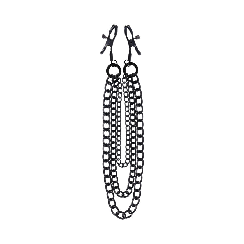 Sportsheets Signature Midnight Muse Nipple Jewelry with adjustable clamps and detachable chains in black metal.