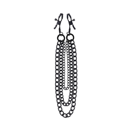 Sportsheets Signature Midnight Muse Nipple Jewelry with adjustable clamps and detachable chains in black metal.