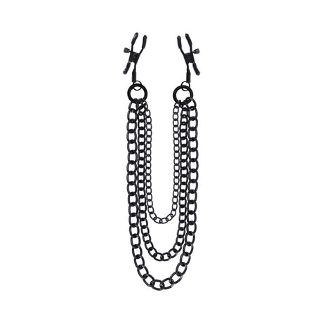 Sportsheets Signature Midnight Muse Nipple Jewelry with adjustable clamps and detachable chains in black metal.