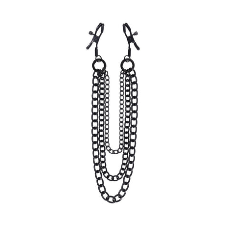 Sportsheets Signature Midnight Muse Nipple Jewelry featuring adjustable clamps and detachable chains in black metal.
