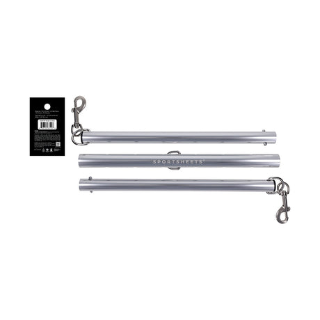 Sportsheets Signature Adjustable Spreader Bar with integrated D-rings and clasps for customizable restraint.