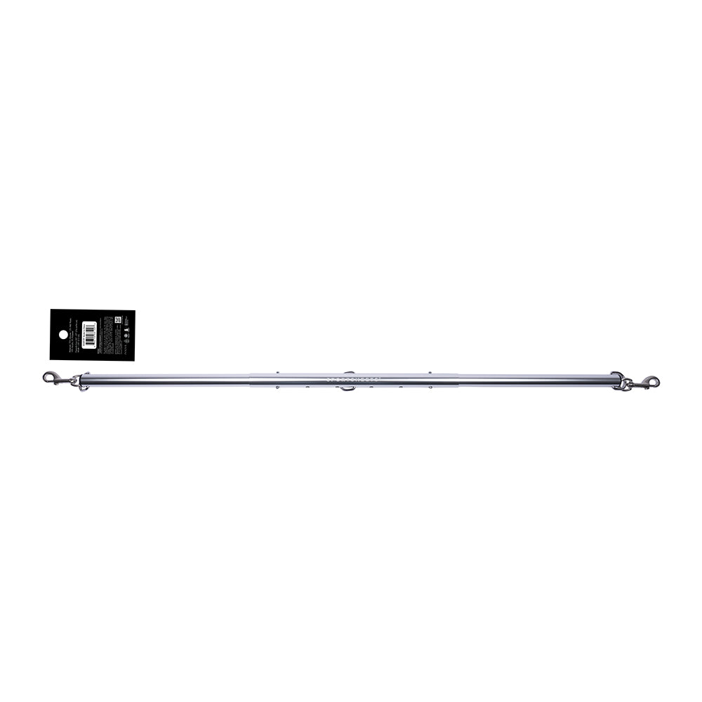 Sportsheets Signature Adjustable Spreader Bar displayed with labels, showcasing its sleek metal design.