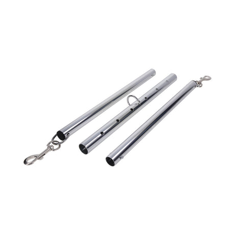 Sportsheets Signature Adjustable Spreader Bar with three adjustable metal lengths and D-ring attachments.