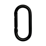 Black metal carabiner clip for secure fastening and versatility in various activities.