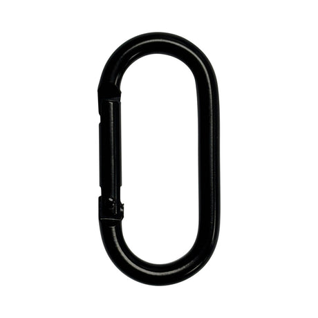 Black metal carabiner clip for secure fastening and versatility in various activities.