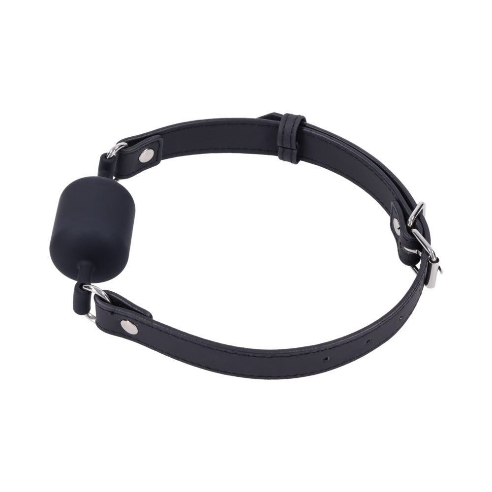 Sportsheets Signature Midnight Muse Barrel Gag showcasing the sleek cylindrical design and luxurious black strap.
