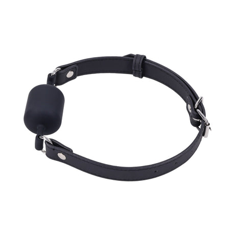 Sportsheets Signature Midnight Muse Barrel Gag showcasing the sleek cylindrical design and luxurious black strap.