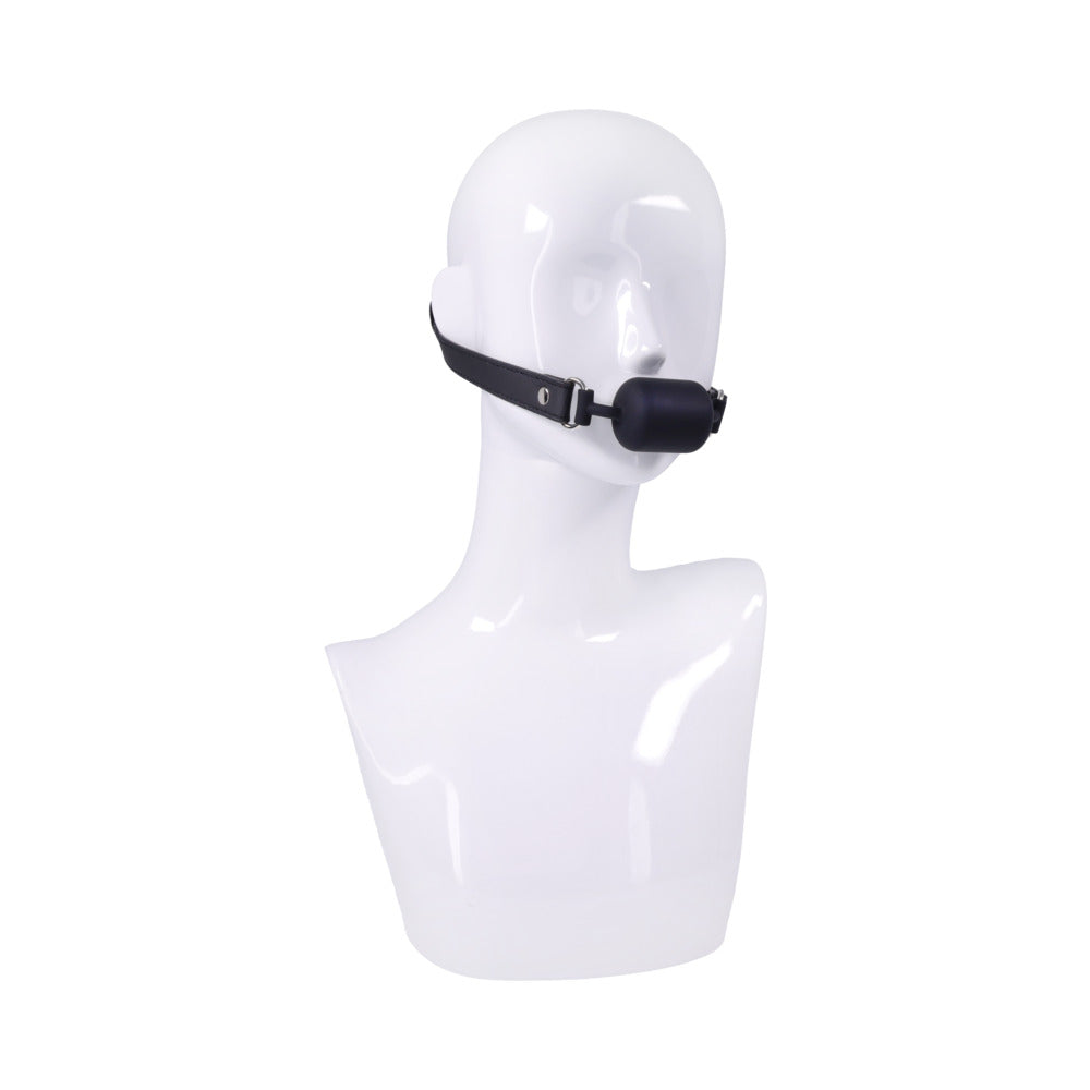 Sportsheets Signature Midnight Muse Barrel Gag on a mannequin head, showcasing its sleek design and luxurious look.
