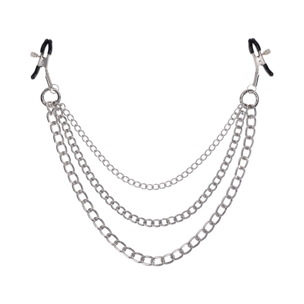 Sportsheets Signature Exchangeable Nipple Jewelry Silver with adjustable clamps and tiered chains.