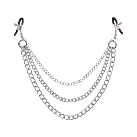 Sportsheets Signature Exchangeable Nipple Jewelry Silver with adjustable clamps and tiered chains.
