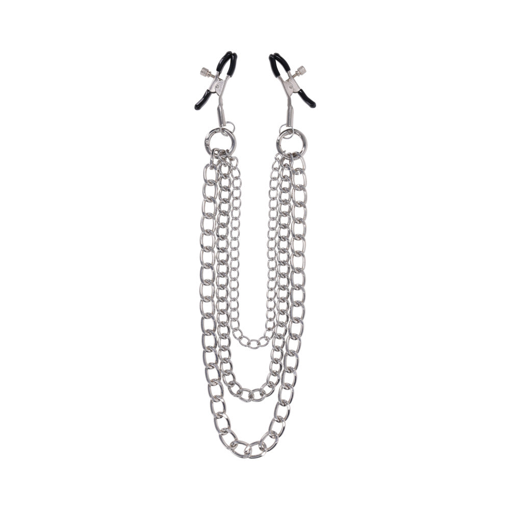 Sportsheets Signature Exchangeable Nipple Jewelry Silver with adjustable clamps and tiered chains.