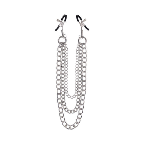 Sportsheets Signature Exchangeable Nipple Jewelry Silver with adjustable clamps and tiered chains.