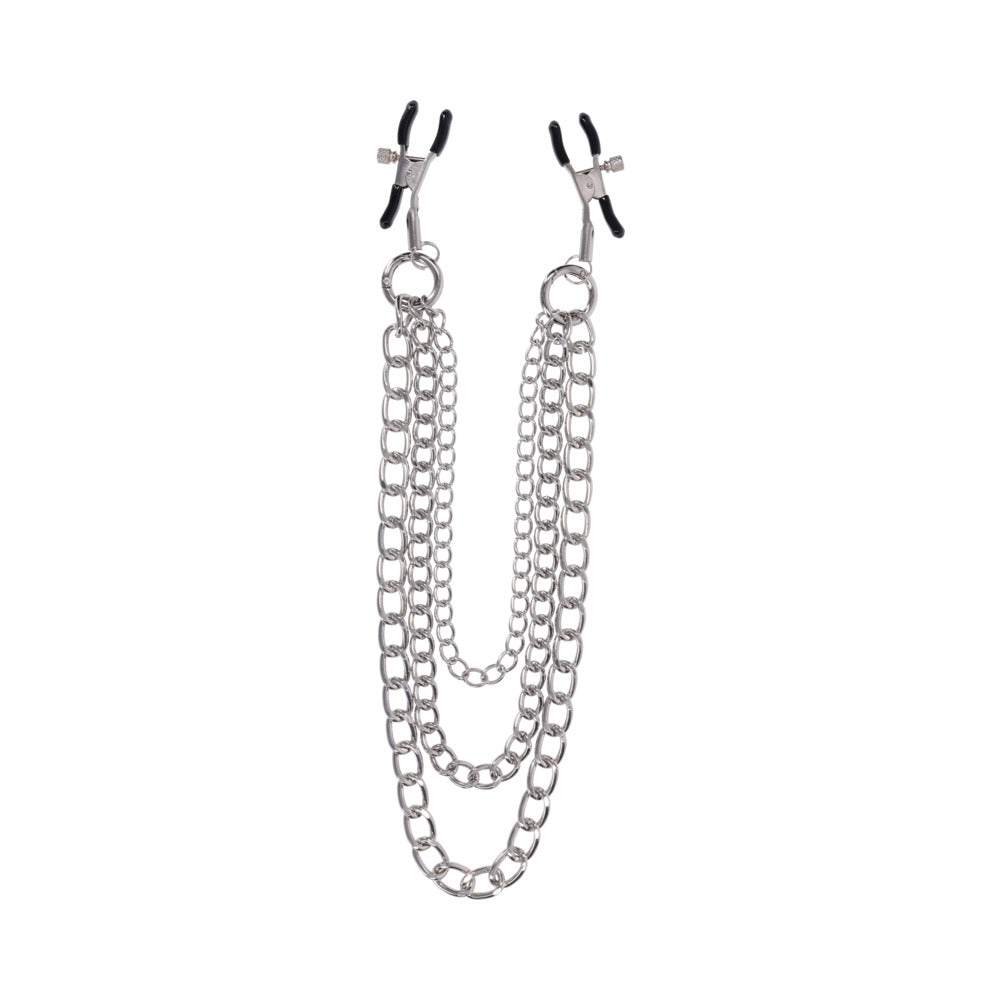 Sportsheets Signature Exchangeable Nipple Jewelry Silver with adjustable clamps and three detachable chains.