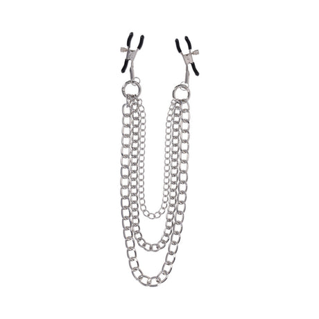 Sportsheets Signature Exchangeable Nipple Jewelry Silver with adjustable clamps and three detachable chains.