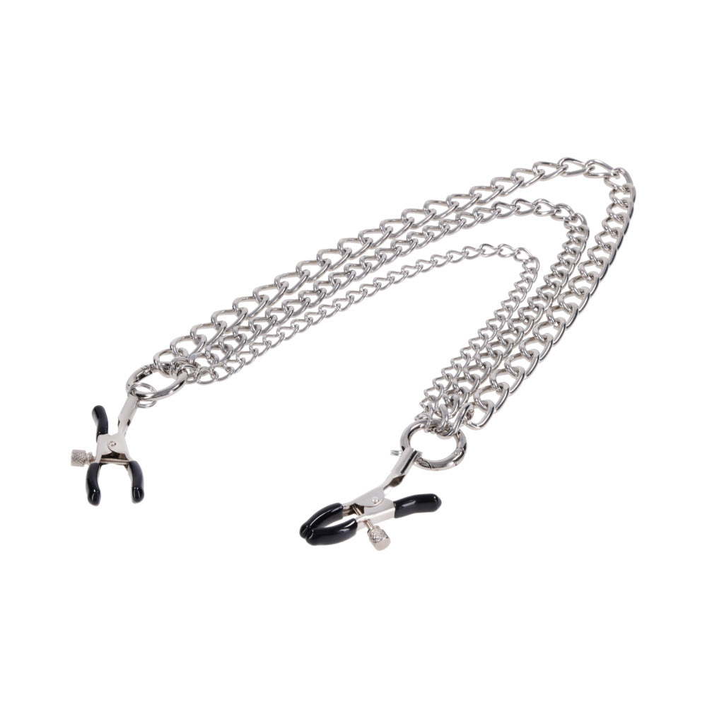 Sportsheets Signature Exchangeable Nipple Jewelry Silver with adjustable clamps and detachable chains.