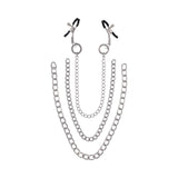 Sportsheets Signature Exchangeable Nipple Jewelry Silver with adjustable clamps and detachable chains displayed.
