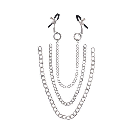 Sportsheets Signature Exchangeable Nipple Jewelry Silver with adjustable clamps and detachable chains displayed.
