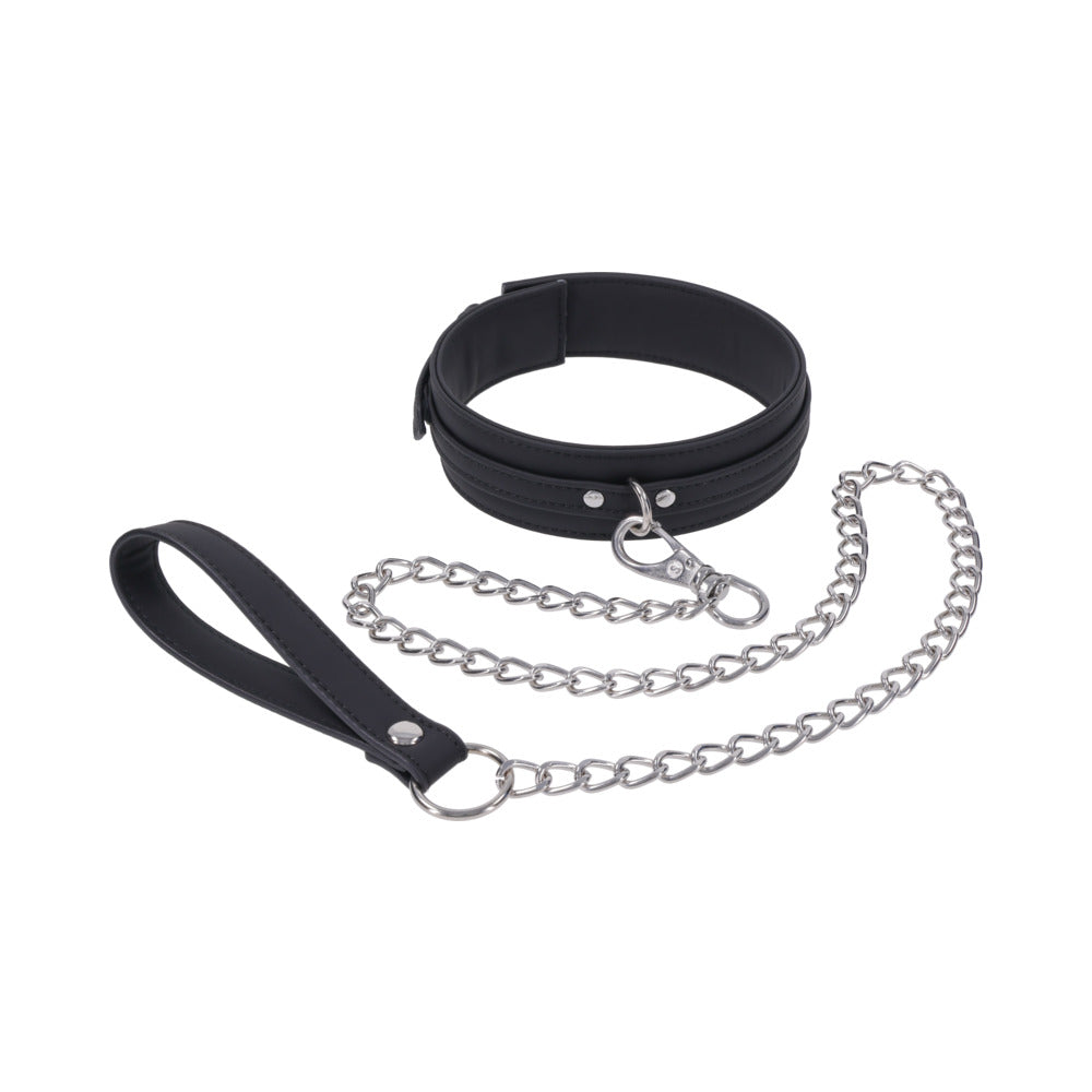Sportsheets Signature Midnight Muse Collar & Leash with black silicone collar and detachable chain leash.