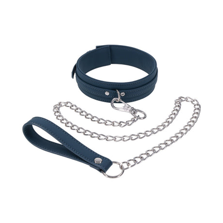Sportsheets Signature Twilight Tease Collar & Leash in navy blue with silver hardware, showcasing comfort and style.