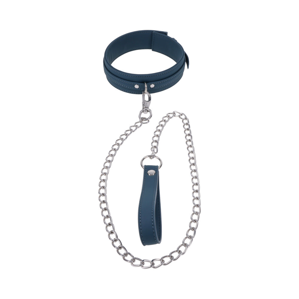 Sportsheets Signature Twilight Tease Collar & Leash featuring a stylish blue collar and silver chain leash.