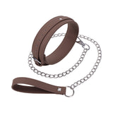 Sportsheets Signature Dawn Dream Collar & Leash in brown silicone with chain leash, featuring adjustable buckle and sleek design.