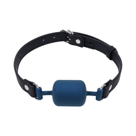 Sportsheets Signature Twilight Tease Barrel Gag with a blue mouthpiece and black strap for bondage.