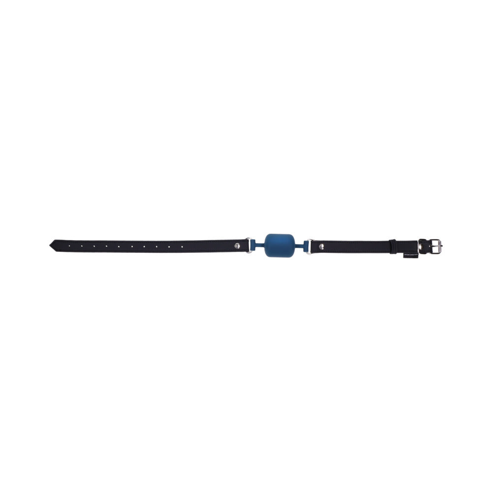 Sportsheets Signature Twilight Tease Barrel Gag featuring a blue barrel mouthpiece on a black strap.