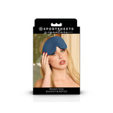 Sportsheets Signature Twilight Tease Blackout Blindfold displayed on packaging with model.