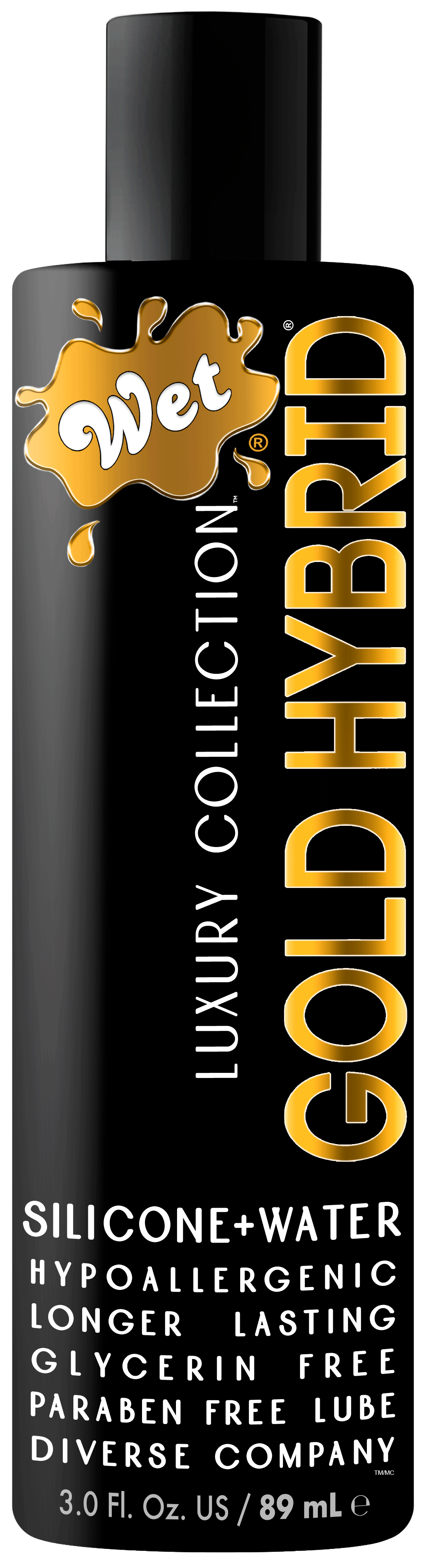 Wet Gold Hybrid Water Silicone Blend 3.1 Oz personal lubricant bottle featuring silicone and water blend.
