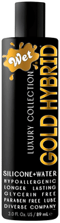 Wet Gold Hybrid Water Silicone Blend 3.1 Oz personal lubricant bottle featuring silicone and water blend.